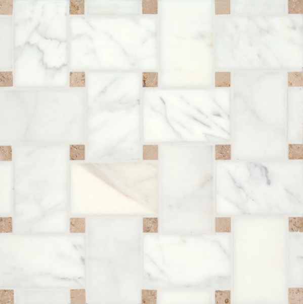 Picture of Bedrosians - Marble Stone Mosaic Jumbo Basketweave Calacatta with Jura Beige Dot
